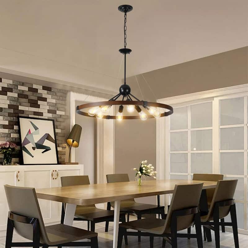32" Rustic Industrial Chandelier, Eight Lights, Metal And Wood Finish, Adjustable Hanging Chain (No Bulb)