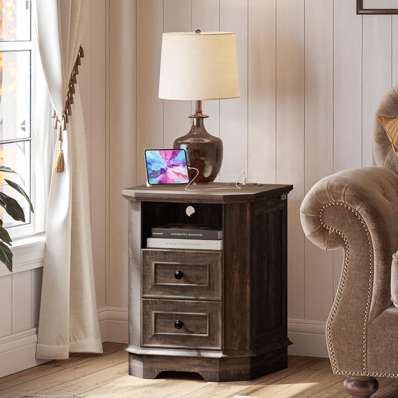 Farmhouse Nightstand with Charging Station and Versatile Storage