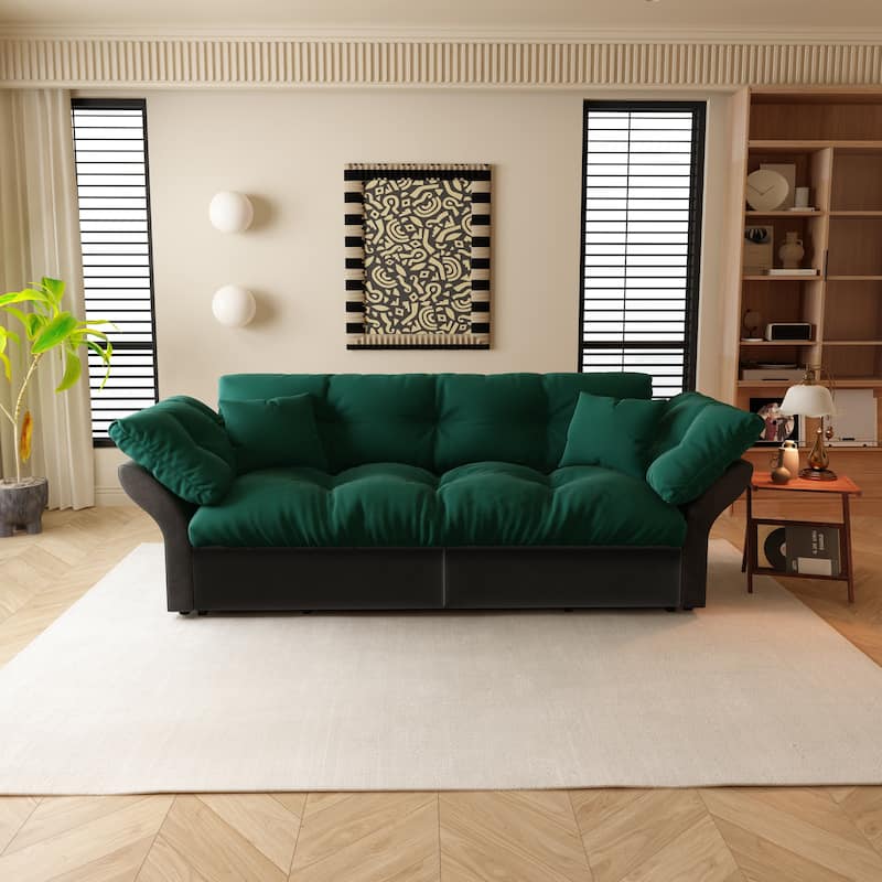 74.8" Queen Pull Out Sofa Bed, 3-in-1 Convertible Sleeper Tufted Sofa with 2 Soft Pillows,Multi-Functional Velvet Loveseat Bed