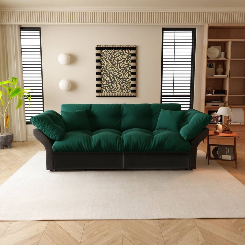 74.8" Queen Sleeper Sofa - 3-in-1 Tufted Velvet Loveseat with Pull-Out Bed & 2 Pillows, Multi-Functional