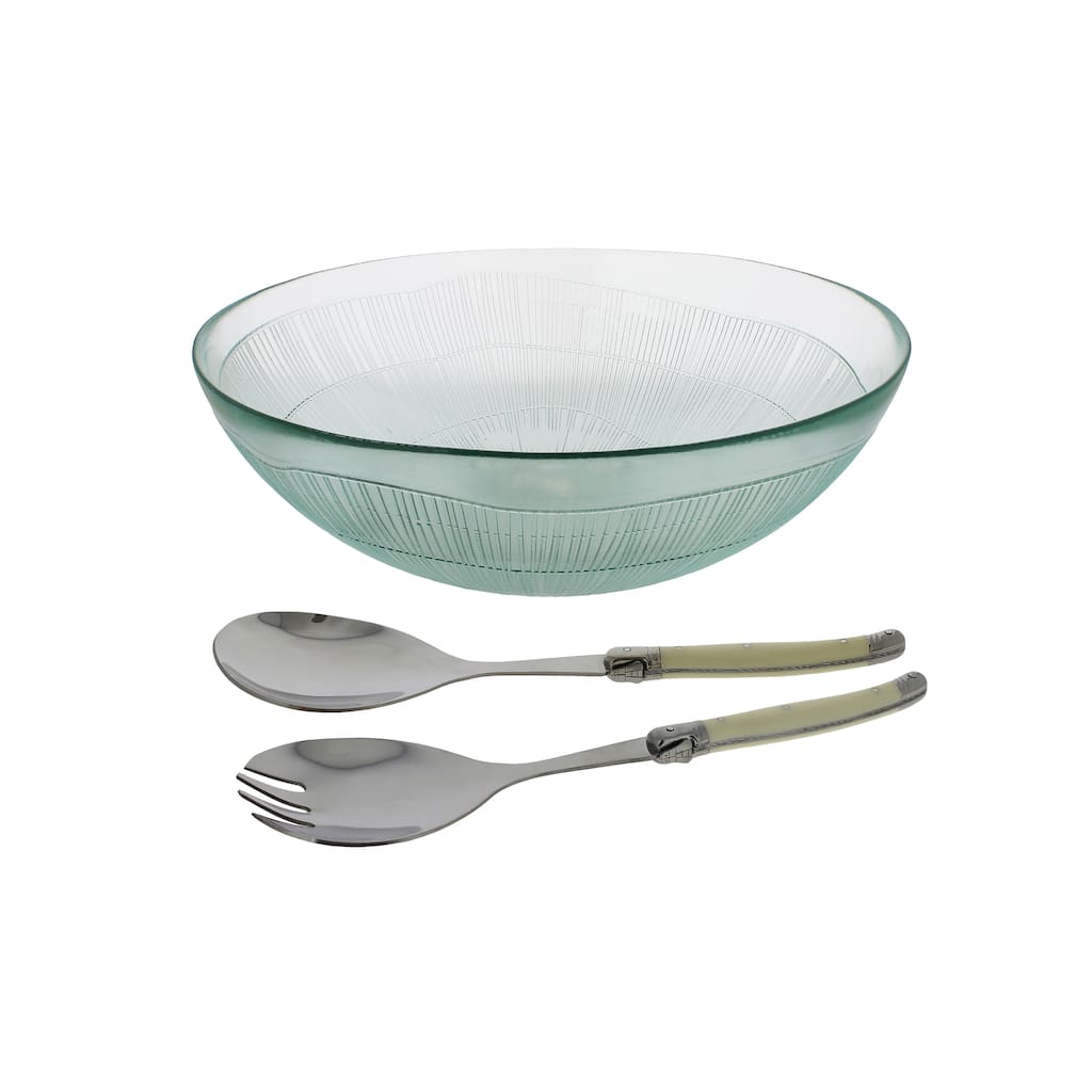 French Home Recycled Glass Birch Salad Bowl and Laguiole Servers with Faux Ivory handles.