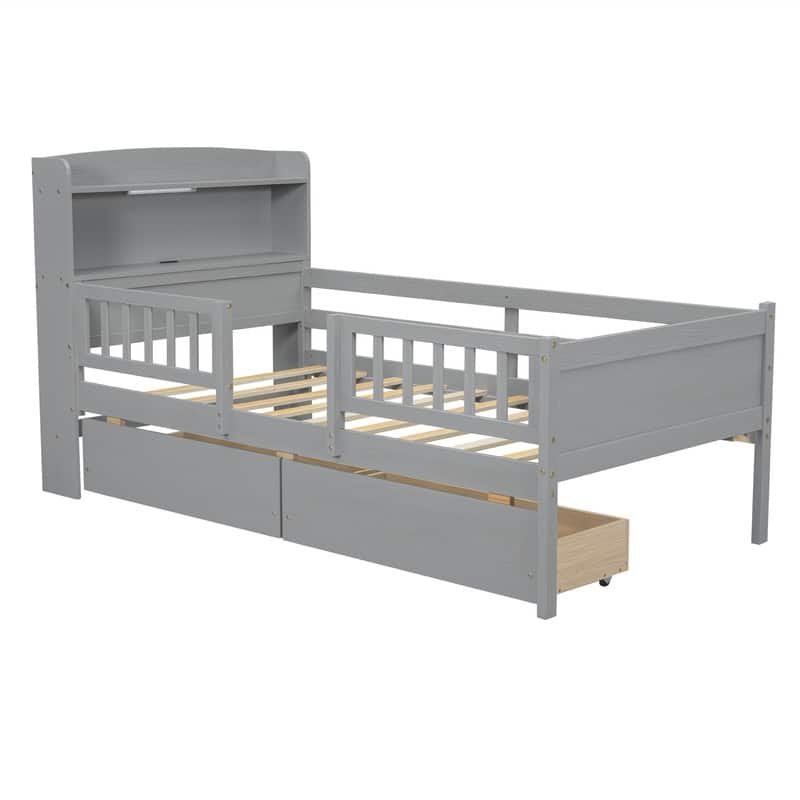 Wood Twin Size Platform Bed with Built-in LED Light and Storage Headboard, Modern Bedframe with Guardrail and 2 Drawers