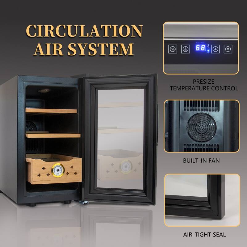 Black 25L Cigar Humidor Electric Cooling Heating 150-Count Capacity - 19.40 x 10.20 x 17.70
