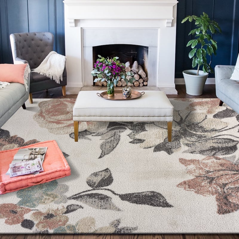 Maeve Farmhouse Grey/Pink Floral Performance Indoor Area Rug by Sevita