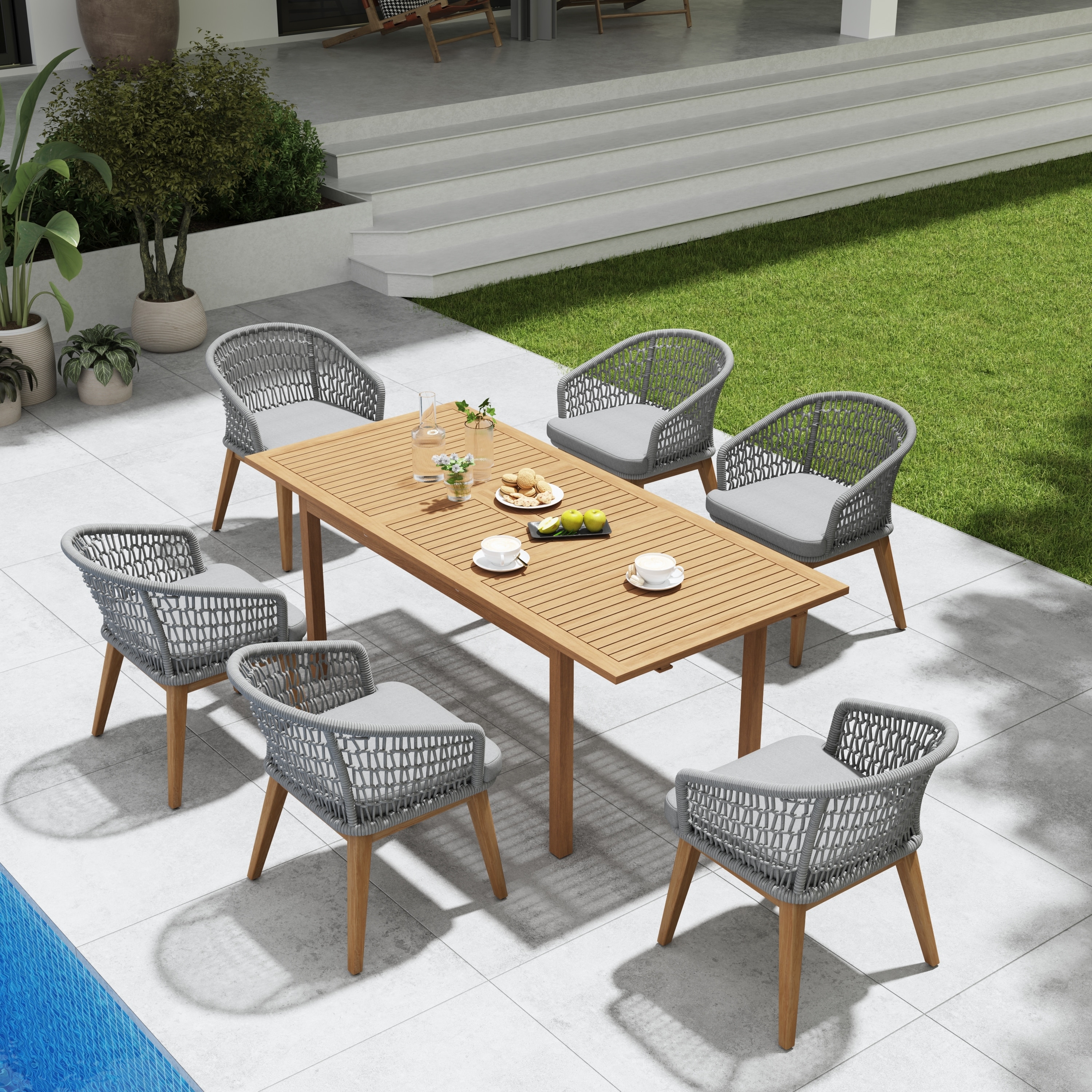 Outdoor Wooden Dining Table Set with 6 Woven Rope Chairs