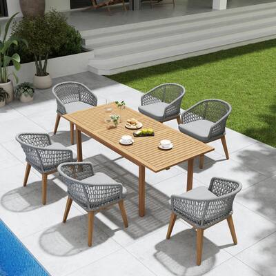 Outdoor Wooden Dining Table Set with 6 Woven Rope Chairs