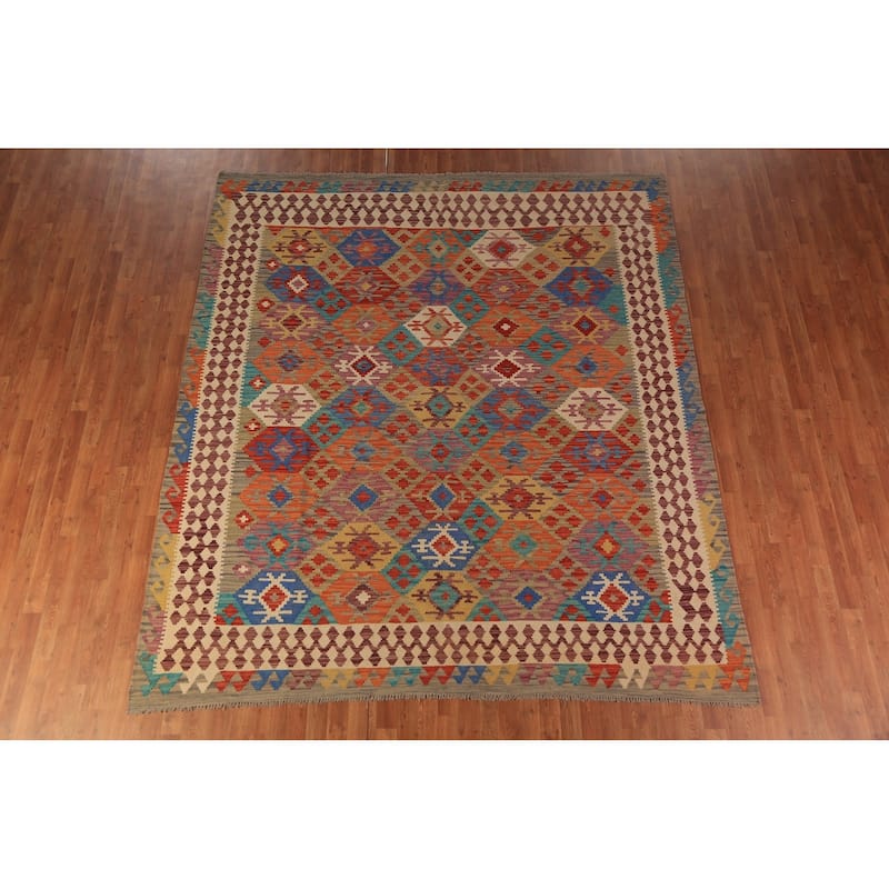 Colorful Geometric Kilim Oriental Area Rug Hand-Woven Wool Carpet - 8'7"x 9'6"