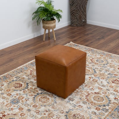 Silvana Mid-Century Design Square Genuine Leather Ottoman in Tan