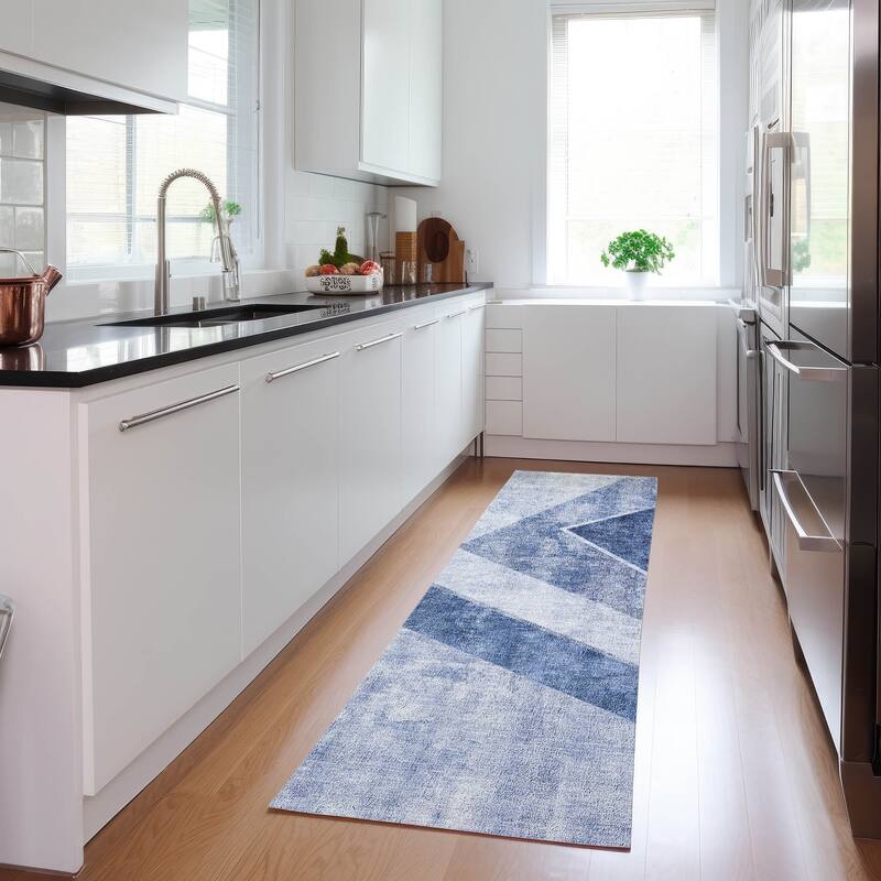 Machine Washable Indoor/ Outdoor Chantille Modern Geometric Rug - Blue - 2'3" x 7'6"