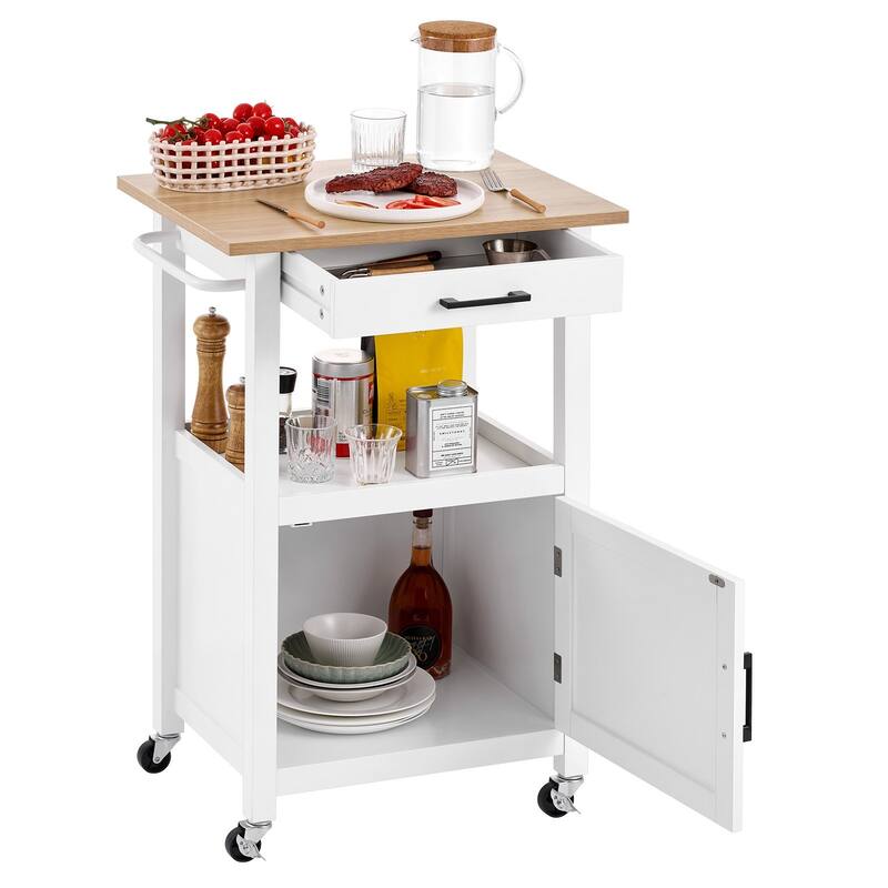 White Rolling Kitchen Island with Storage Drawers and Cabinet Towel Rack and Locking Wheels - 21.65"L x 17.71"W x 35.82"H