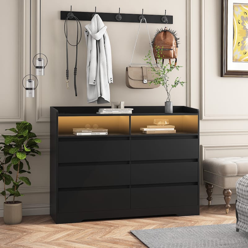 6-Drawer Dresser with LED Lights, Modern Dressers with Sturdy Frame for Living Room