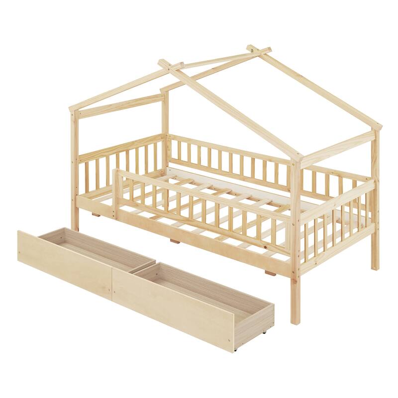 Twin Size House-Shaped Wooden Bed with Two Drawers, Natural Finish