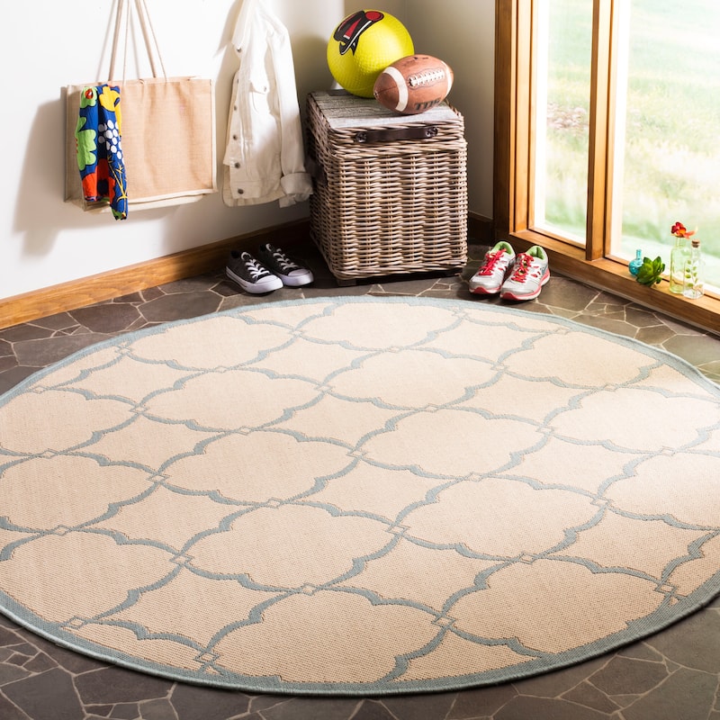 SAFAVIEH Linden Gaye Indoor/ Outdoor Waterproof Patio Backyard Rug. - 6'7" Round - Cream/Aqua