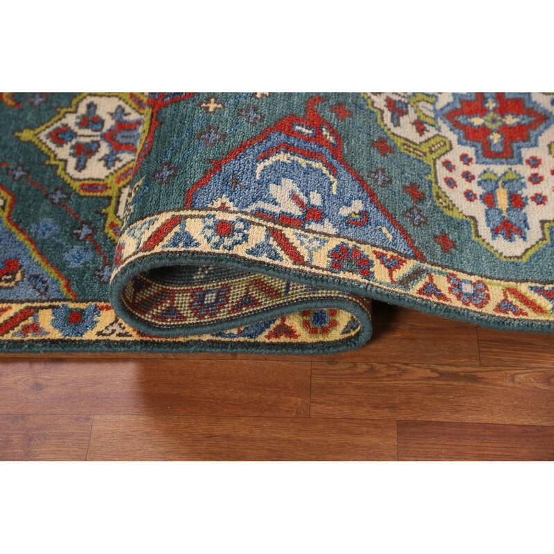 Green Geometric Kazak Oriental Runner Rug Hand-Knotted Wool Carpet - 2'6"x 9'10"