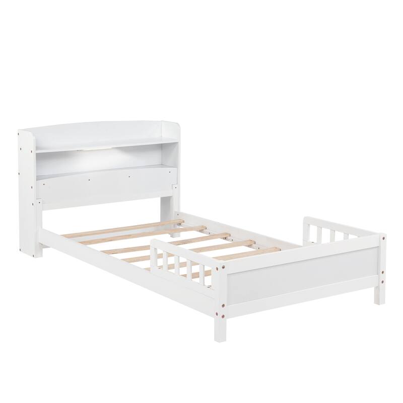 Twin Size Pine Bed w/ Bookcase Headboard ,LED Sensor Light, Guardrails