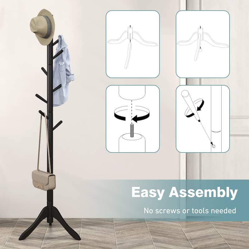 8 Hook Adjustable Wooden Tree Coat Rack for Home Office Hall - 19.5" x 19.5" x 54.5"/ 69"
