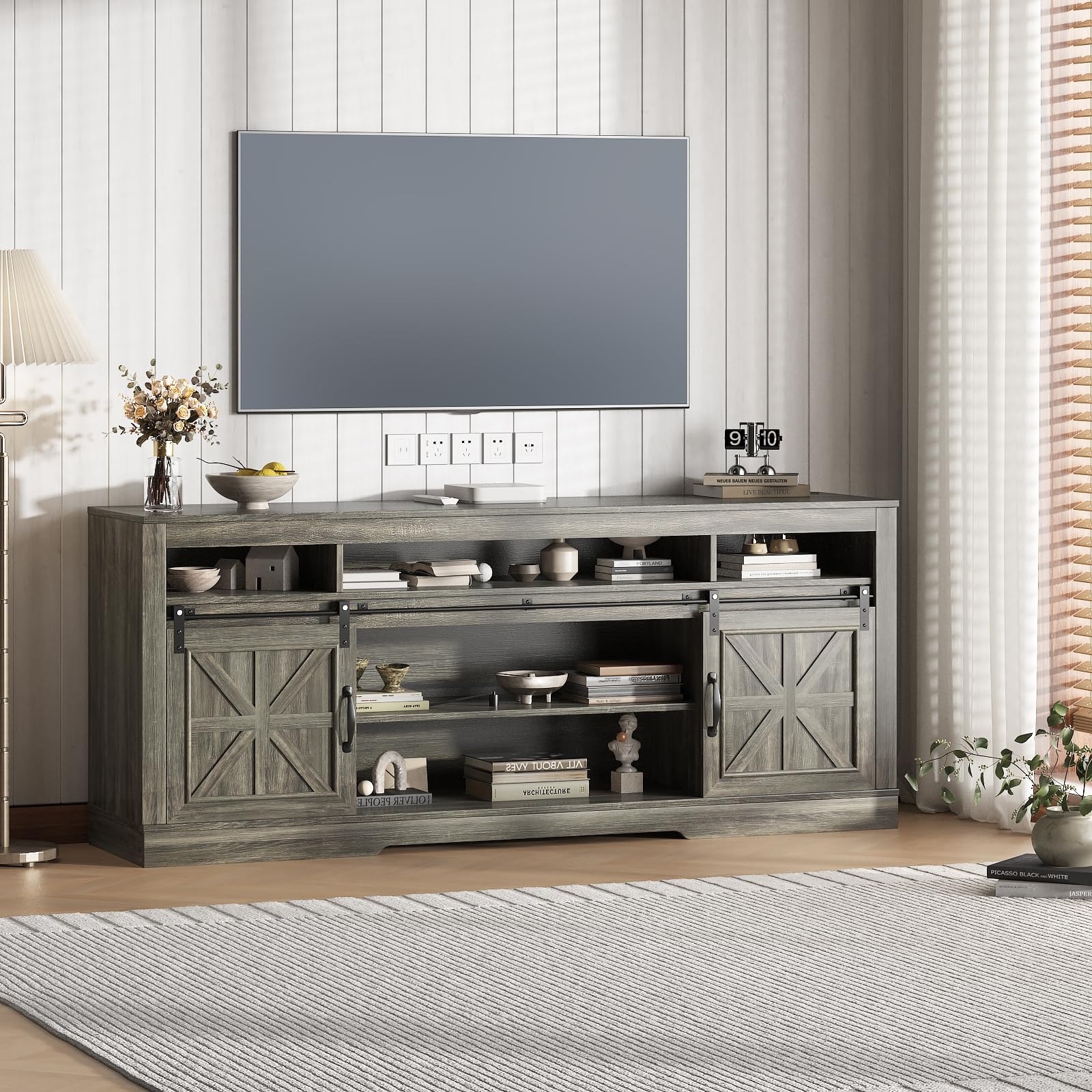 66" TV Stand for TVs up to 75", Media Console with Sliding Barn Doors, Power Outlets & Adjustable Shelves