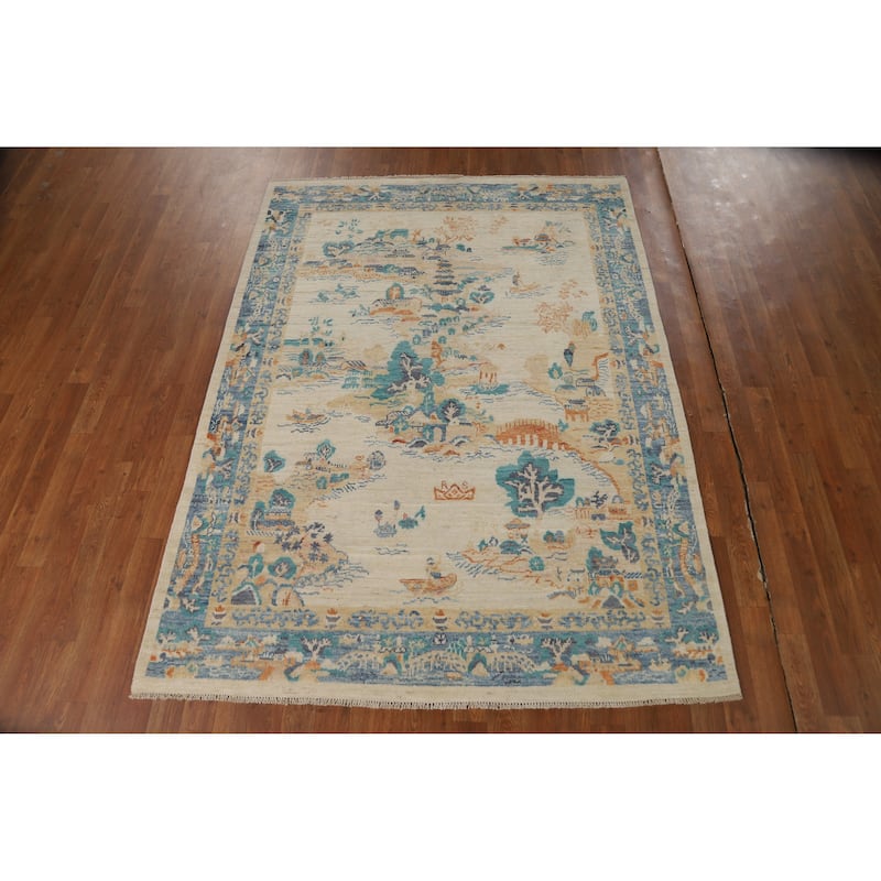 Vegetable Dye Art Deco Turkish Rug Handmade Wool Carpet - 5'0"x 6'9"
