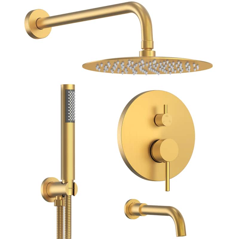 GRANDJOY 3-Function Bathroom Shower System with Rainfall Head, Handheld Unit, and Tub Spout - Brushed Gold