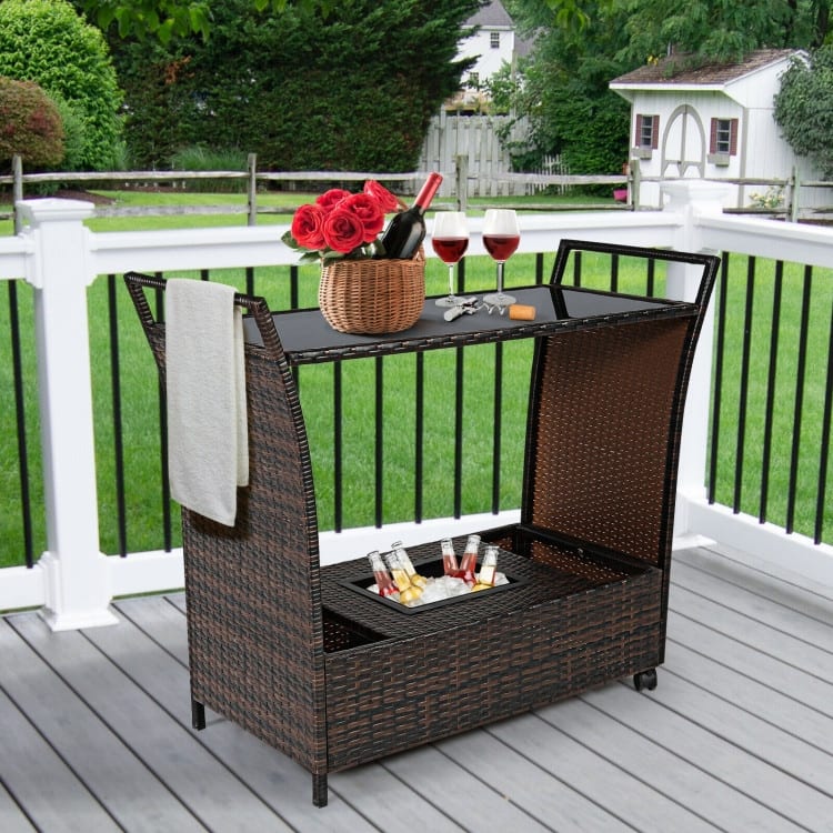 Patio Rattan Bar Serving Cart with Glass Top and Handle - 43" x 18" x 26" (L x W x H)