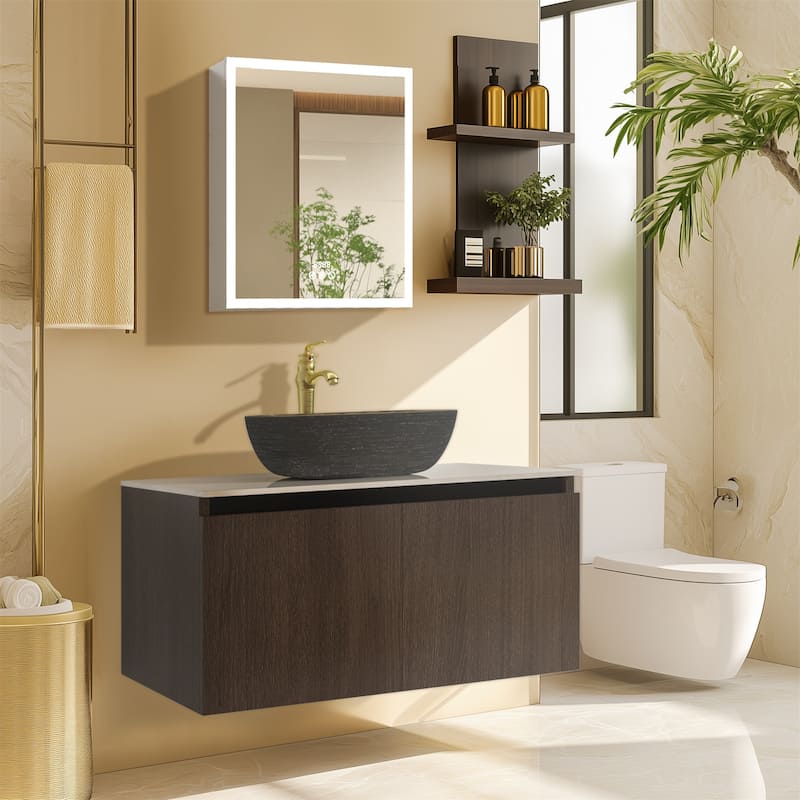 Vintage Vanity Set Wall Floating Bathroom Vanity Sink with Ceramic Basin Faucet Hoses