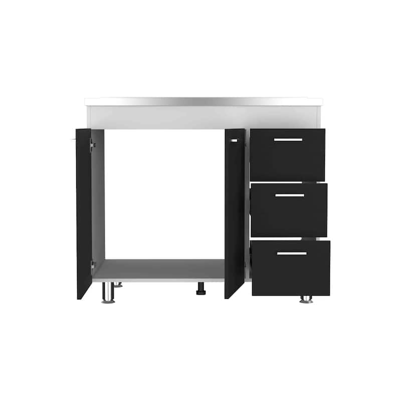 Base Double Door Storage Cabinet, Three Drawers, Faucet Hole, Four Legs, White / Black Design, Practical Storage