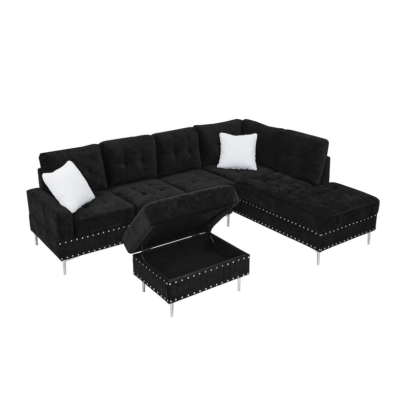 Chenille 3 Seater Couch L-shaped Sectional Sofa with Reversible Chaise, Storage Ottoman, Metal Legs, Copper Nails and 2 Pillows