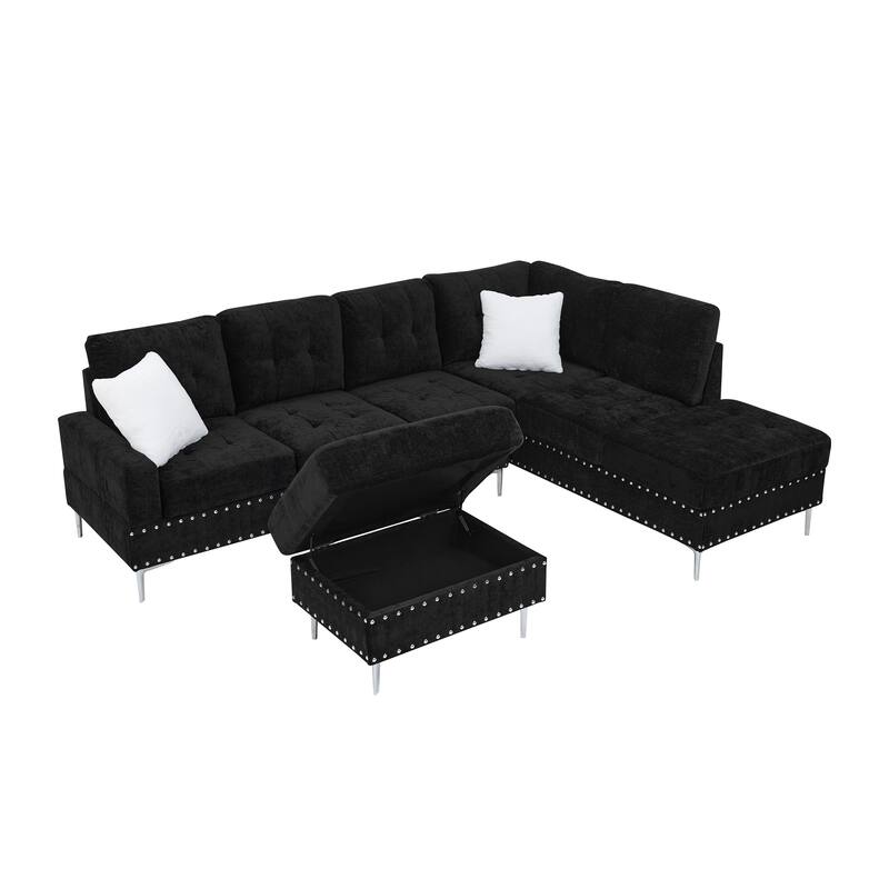 Roomfitters Sectional 3-Seater Sofa with Chaise, Storage Ottoman, Metal Legs, Nailhead Trim and Two Pillows