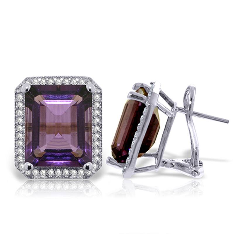 11.6 Carat 14K Solid Gold Octagon Gemstone Amethyst Diamond Earrings - White