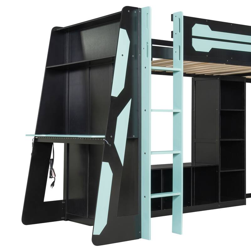L-shaped Bunk Bed Twin Size Gaming Loft Bed with Desks, TV Stand, Shelves, Light Strip, Charging Station and Reversible Layout