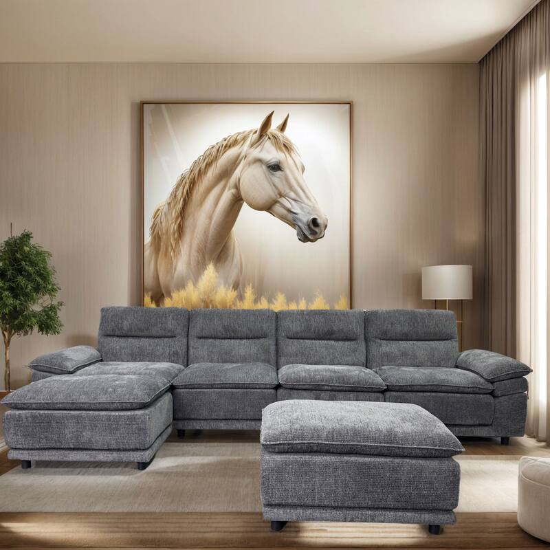 141'' Wide U-shaped 6-seat Sleeper Sofa, Dark Grey, Solid Wood