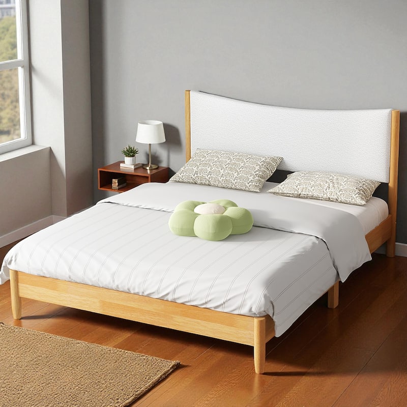 Queen Size Solid Rubber Wood Platform Bed with Boucle Upholstered Headboard and Support Feet, No Box Spring Needed - Natural - Queen