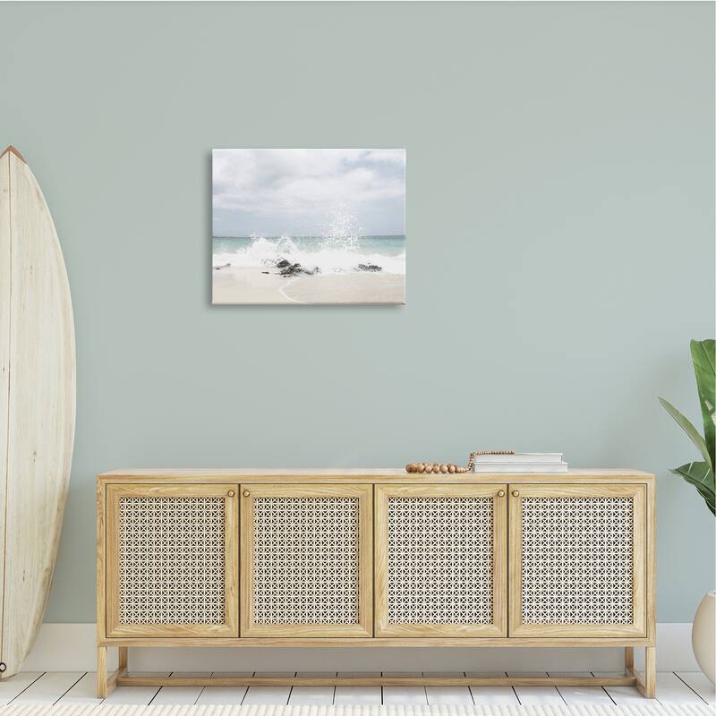 Stupell Tropical Sea Coast Wave Splash Rocky Sand Beach Canvas Wall Art - Blue