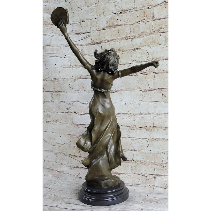 Tambourine Dancer Girl Bronze Sculpture Statue Figure On Marble Base