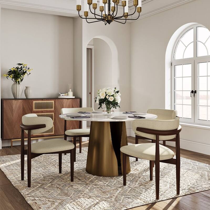 Modern Round White Dining Table，Sintered Stone Tabletop, Solid Black Carbon Steel Base