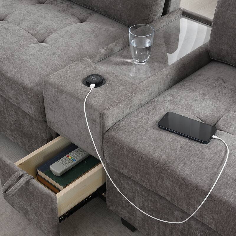 104" Chenille U-Shaped Sectional Sofa with 2 Acrylic Tables, USB Charging and Storage Ottoman