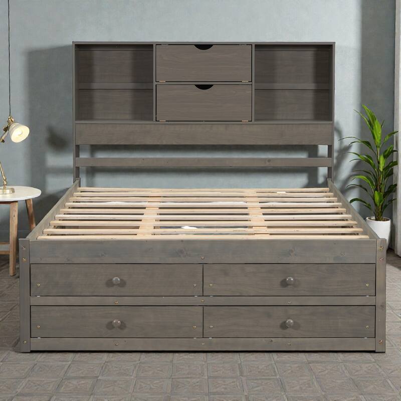 Platform Bed with Headboard Storage and 8 Drawers, Wood Bed Frame with Shelves and No Box Spring Needed