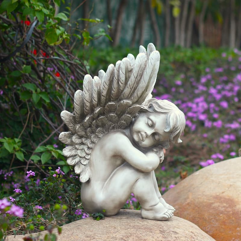 20" Tall Set of 2 Sitting Polyresin Cherub Statues - 14.5" L x 11" x 19.8" H