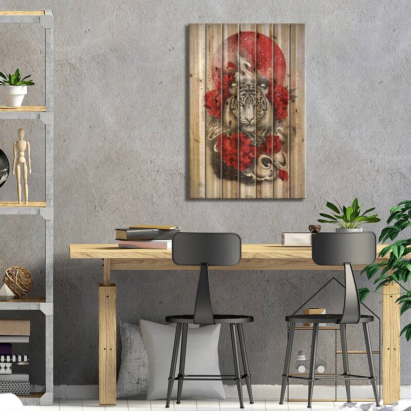 White Tiger Print On Wood by Marine Loup - Multi-Color