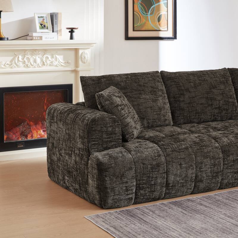 L-Shape Sectional Sofa with Chaise Lounge, Oversized Chenille Upholstered 4 Seater Sofa, Compressed Sofa with Throw Pillows
