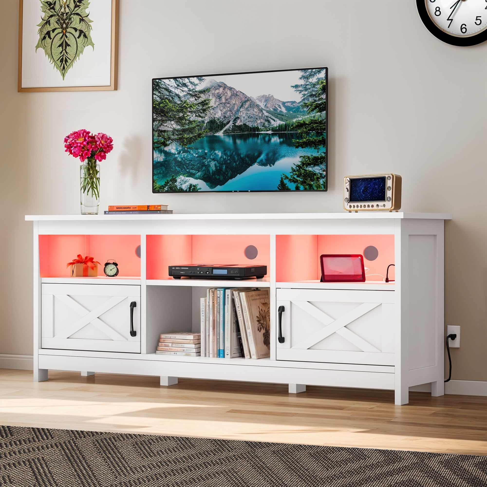 59-inch Farmhouse TV Stand with LED Lighting and Storage Cabinets in White