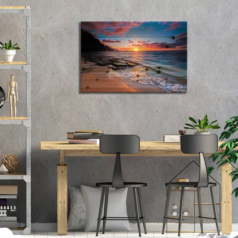Sunset over the Na Pali Coast from Ke'e Beach, Haena State Park, Kauai, Hawaii, USA I Print On Wood by Russ Bishop - Multi-Color