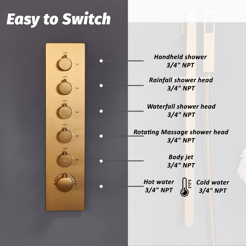 Luxury 5-Spray Patterns 28 in. Ceiling Mount Shower System with Handheld Shower Head, 3 Body Jets, LED, and Music - 16" x 28"