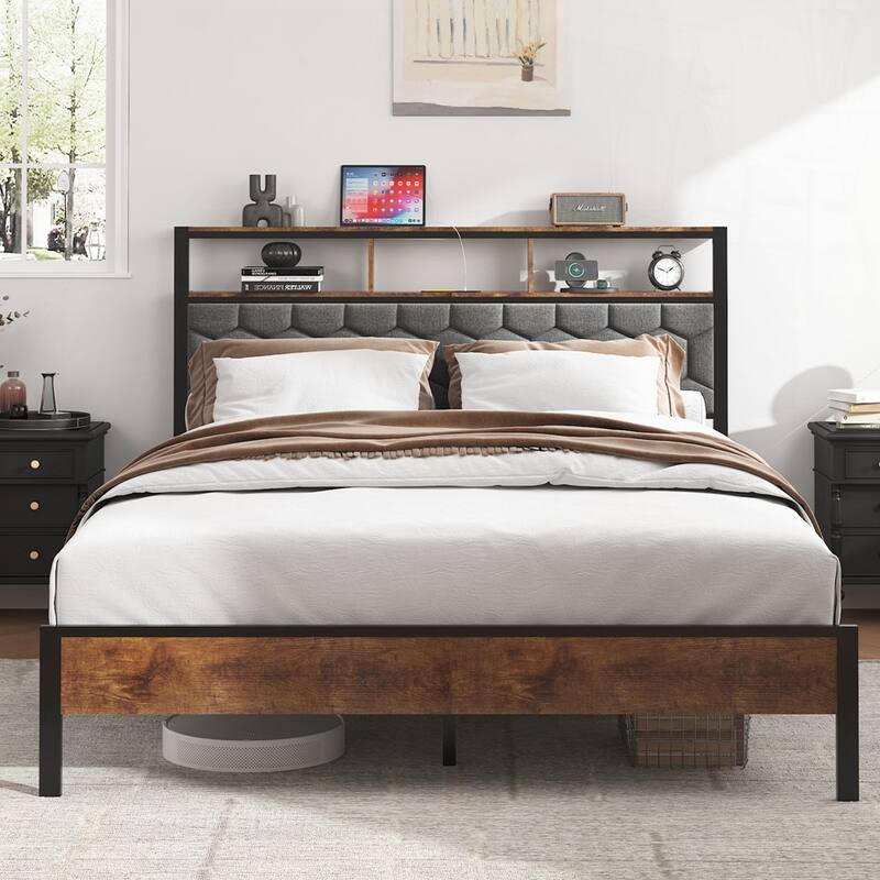 wooden platform bed frame, bedside with soft package and 2 USBs
