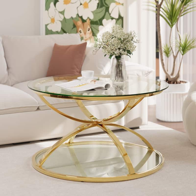 31.50"Modern Glass Coffee Table with 2 Tiers, Ring-Shaped Frames, Chrome Finish and Gray Tempered Glass, Round Coffee Table