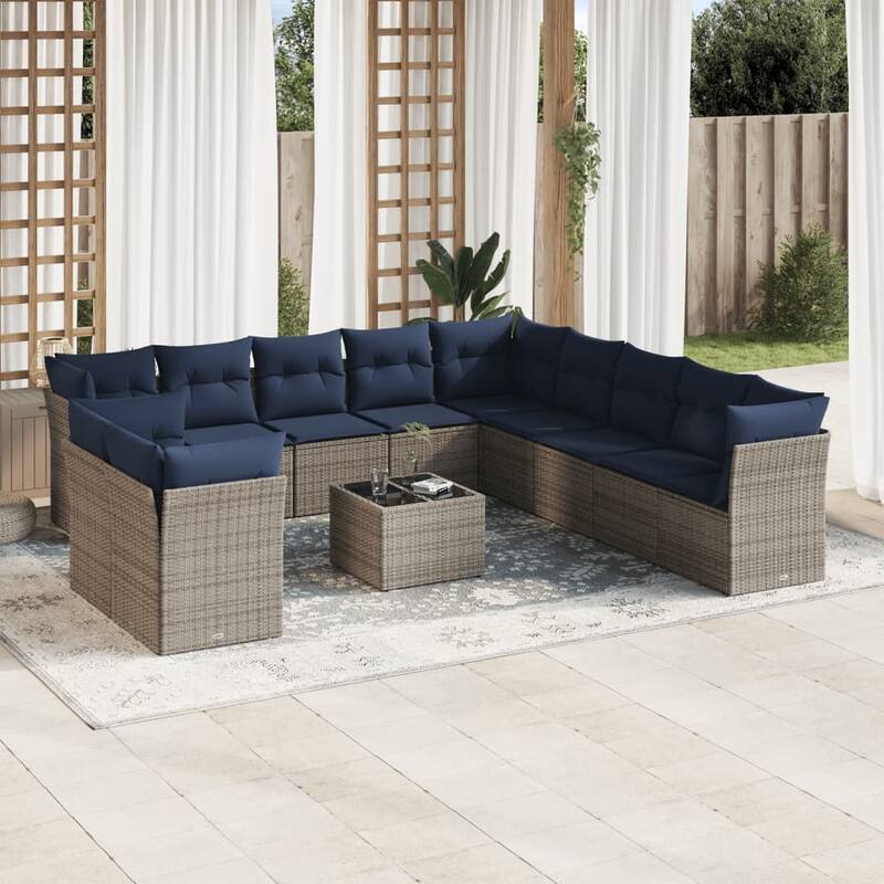 vidaXL 11/12 Piece Patio Sofa Set with Cushions Black/Brown/Gray Poly Rattan - 21.7 x 24.4 x 27.2 - Beige and gray With table