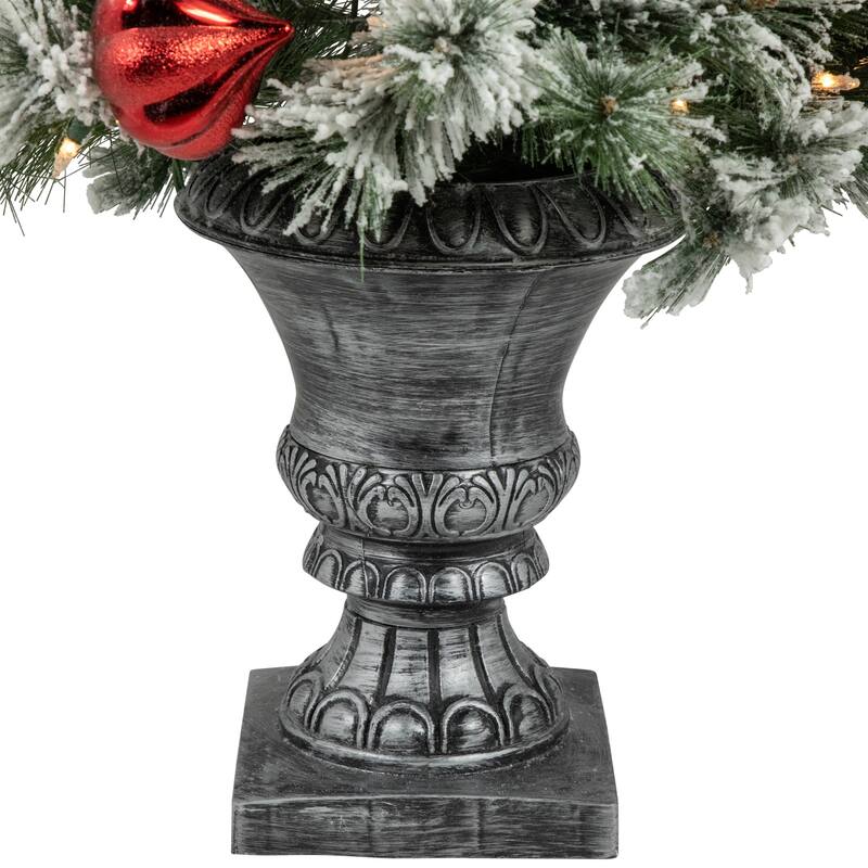 4' Potted Snowy Bristle Pine Flocked Artificial Christmas Tree Clear Lights - 4 Foot