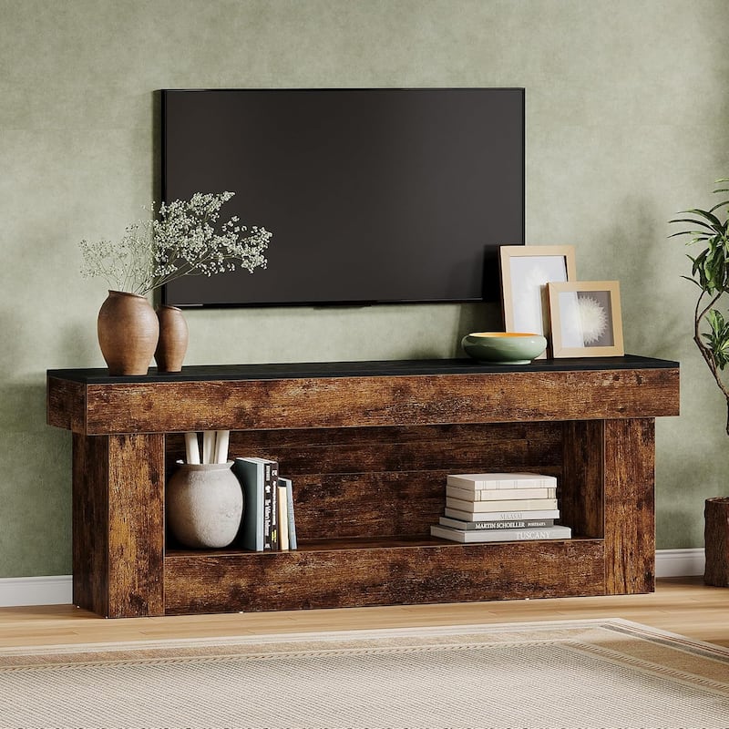 63" TV Stand, Farmhouse Media Console with Open Storage Space, Entertainment Center for 60/65/70 Inches TVs - Rustic Brown & Black