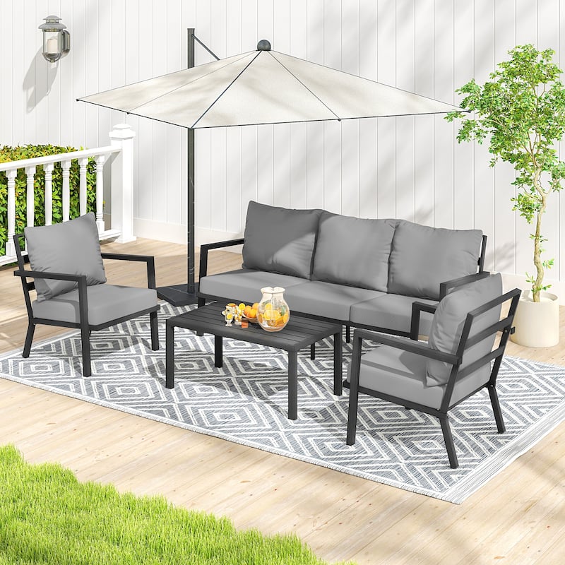 MornLift 4-Piece Aluminum Outdoor Patio Conversation Set with Beige Cushions, Sofa and Coffee Table - Grey
