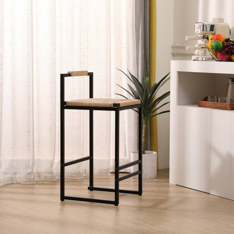 Set of 2 Paper Rope Woven Bar Stools with Back, Counter Height Dining Chairs for Kitchen & Home